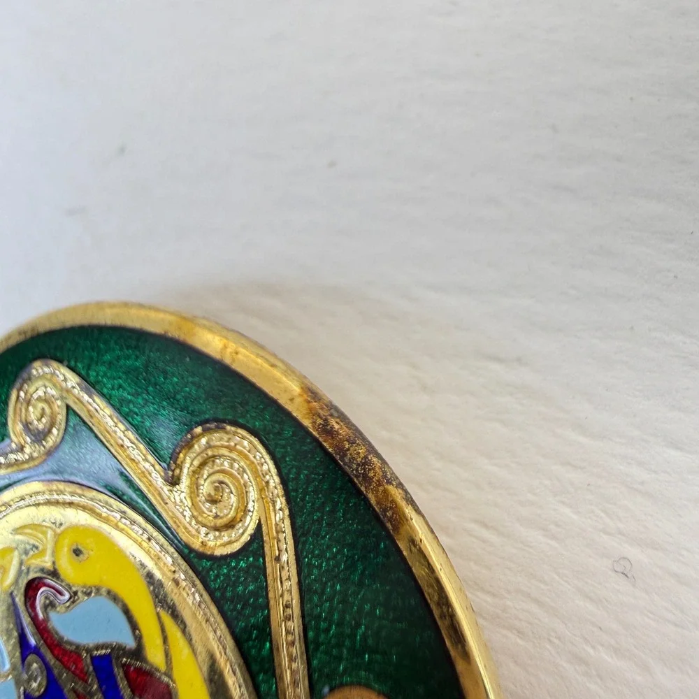 Vintage Celtic Enamel Brooch Gold Tone Colorful Knotwork Zoomorphic Pin